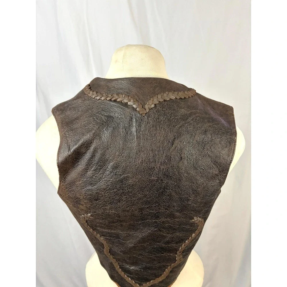 Vintage Leather‎ Vest Brown Western Braided Trim Biker Boho S Rare OOAK Handmade
